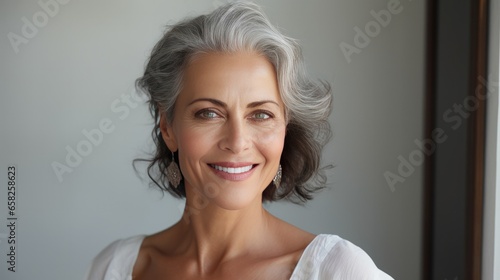 Adult woman with smooth healthy face skin. Beautiful aging mature woman with gray hair and happy smiling touch face. Beauty and cosmetics skincare advertising concept