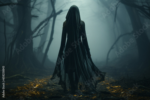 Black witch in the mysterious forest.