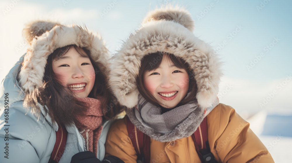 冬の北海道で楽しそうに笑う日本人の子どもたち 冬の北海道で楽しそうに笑う日本人の子どもたち