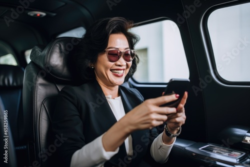 Middle aged businesswoman using her smartphone in the backseat of a car © Geber86