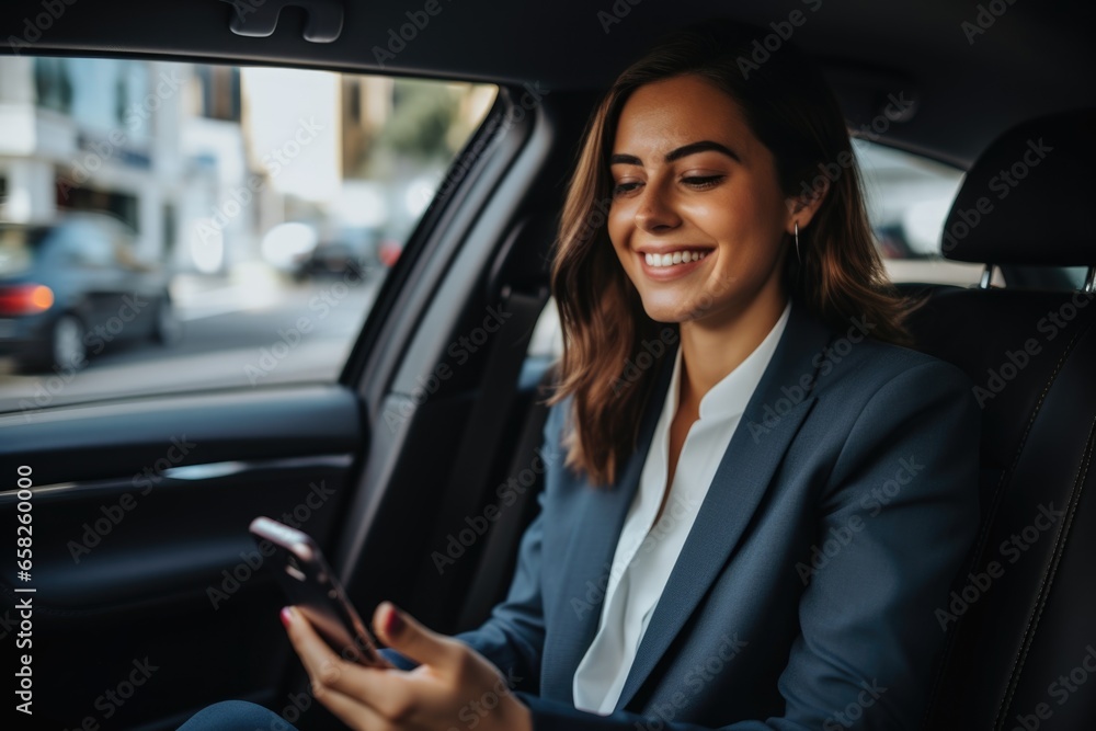 Young businesswoman engaged with smartphone inside of a car