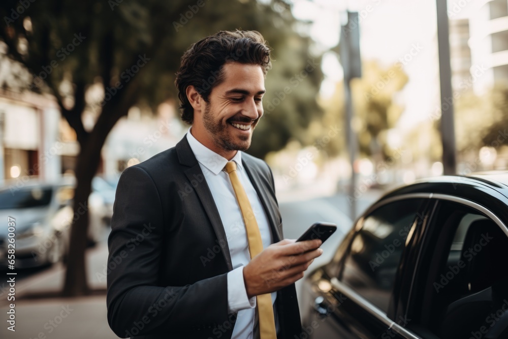 Young businessman engaged with smartphone inside of a car