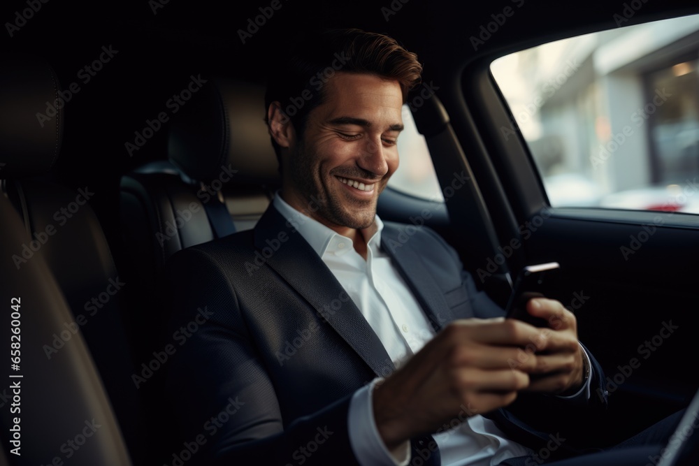 Young businessman engaged with smartphone inside of a car