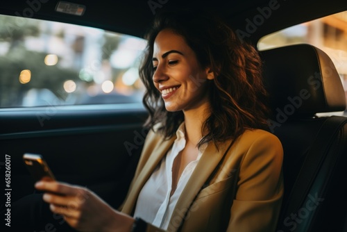 Young businesswoman engaged with smartphone inside of a car © Geber86