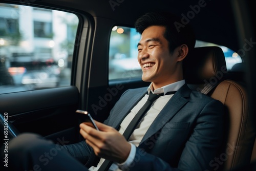 Young businessman engaged with smartphone inside of a car © Geber86