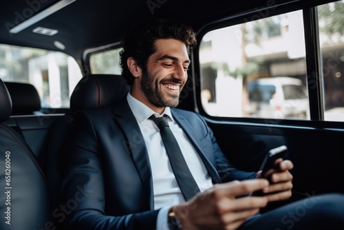 Young businessman engaged with smartphone inside of a car © Geber86