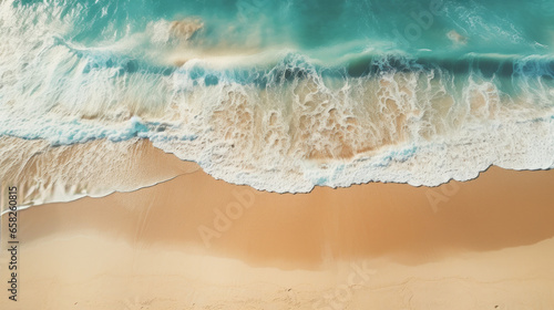 Aerial drone view of tropical shoreline and waves, clean turquoise beach © Malambo/Peopleimages - AI