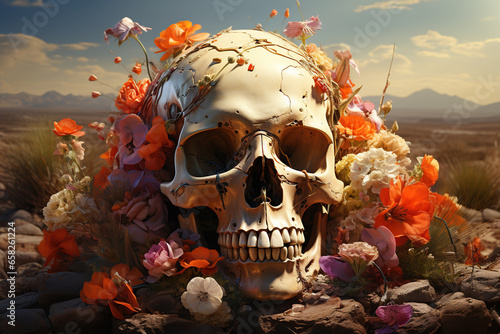 Skull with flowers in desert, Day of the Dead, Dia de los Muertos, Mexican Halloween, AI generative. photo