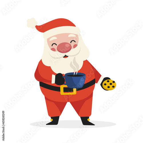 Cartoon Santa Claus drinks a hot drink and eats chocolate chip cookie. Merry Christmas. Vector graphic.