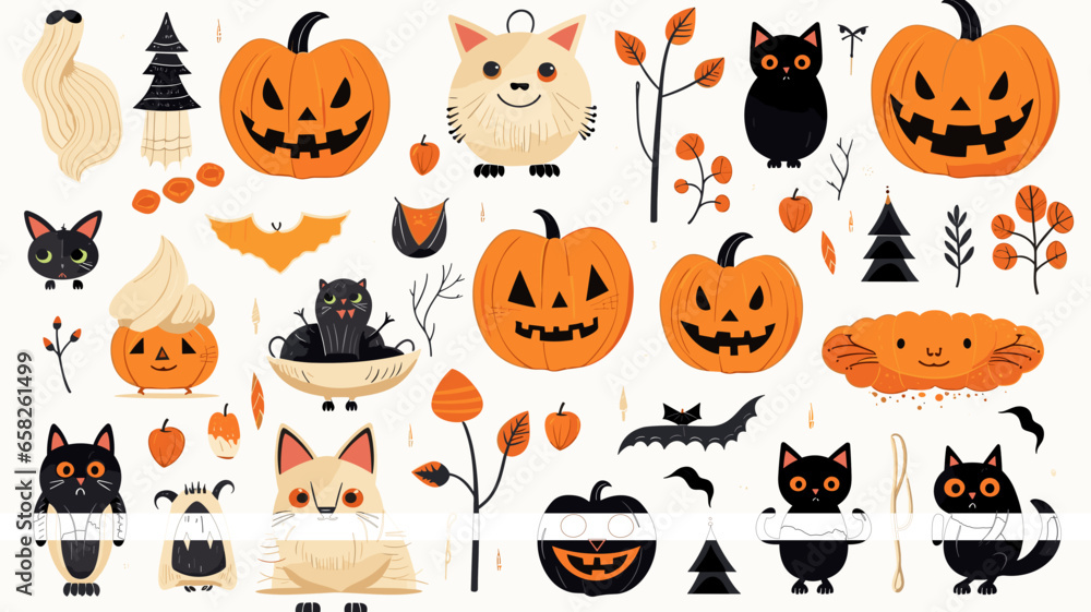 Fototapeta premium hand draw, 2d, Happy Halloween set of elements, ghost, pumpkin, bat and cat. Vector is cute illustration in hand drawn style isolated on white background. Decorative elements for website, book, postca