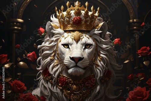 white lion face and king crown, created by ai generated © dion