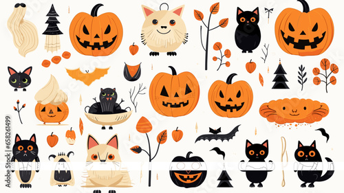 Fototapeta Naklejka Na Ścianę i Meble -  hand draw, 2d, Happy Halloween set of elements, ghost, pumpkin, bat and cat. Vector is cute illustration in hand drawn style isolated on white background. Decorative elements for website, book, postca