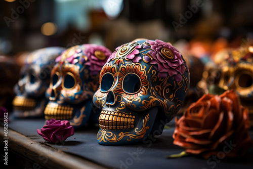 Celebrating Halloween, A Vibrant Mexican Celebration – Traditional Skulls, Gothic Roses, and Festive Decorations Create a Stunning Dia de los Muertos Scene in this Digital Art Piece