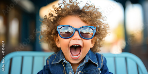 Expressive little boy with glasses winking and sticking out tongue on a blue bench. photo