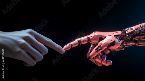 an android hand reaching out to a human's hand. concept of real life with artificial intelligence. in the style of digital neon. futuristic robot realism. generative AI © yj