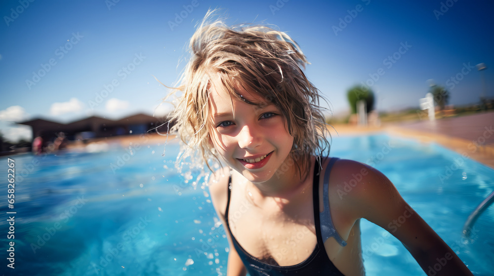 Girl getting out of the pool in summer Girl getting out of the pool in summer