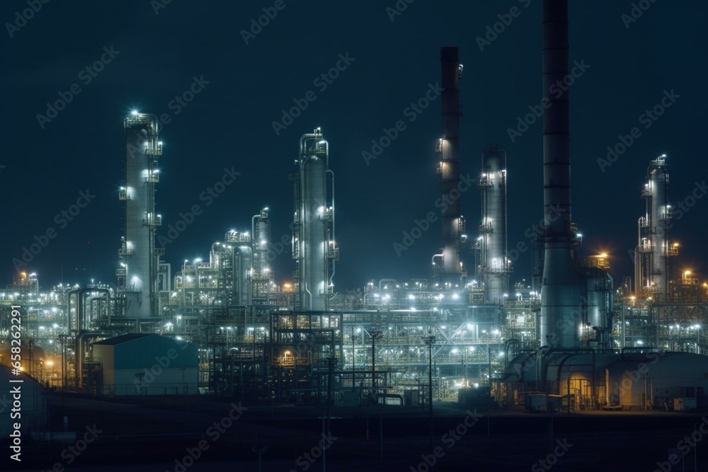 Nighttime industrial view of an oil and gas refinery. Detailed steel equipment and oil pipeline in the background. Generative AI