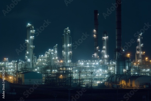 Nighttime industrial view of an oil and gas refinery. Detailed steel equipment and oil pipeline in the background. Generative AI