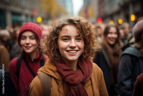 Closeup of Beautiful Girl Posing in the Crowd. Generative Ai