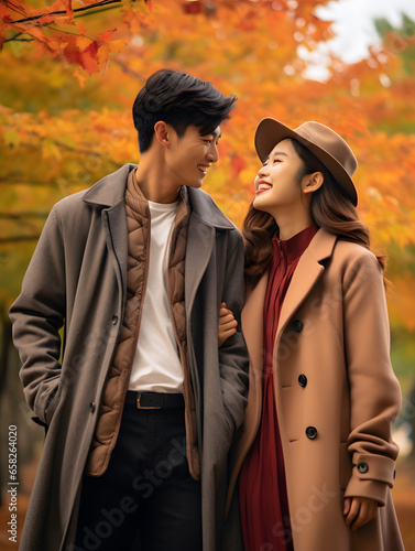 Asian couple in park in autumn/fall