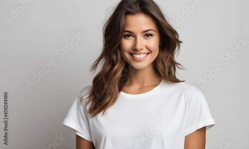 Pretty young t-shirt model smiling for photo