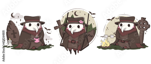 Set of cute kawaii plague doctor in various poses. Medical routine cartoon humorous concept.