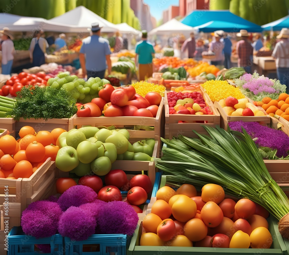 illustration of a bustling farmer's market with vendors selling fresh produce, colorful flowers, and handmade goods | person buying vegetables at supermarket | fruits and vegetables in the market