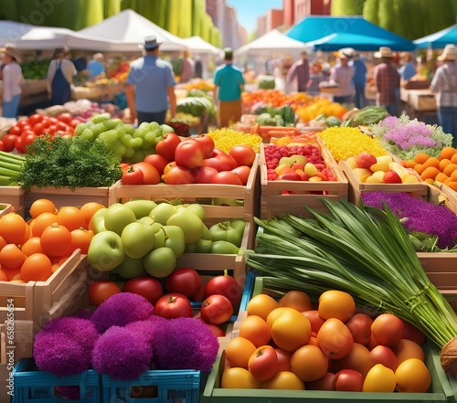 illustration of a bustling farmer s market with vendors selling fresh produce  colorful flowers  and handmade goods   person buying vegetables at supermarket   fruits and vegetables in the market