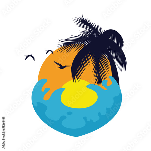 Beach club tropical California typography poster Beach Graphics Summer hand drawn beach scene palm tree sun sea sailing boat drawings for t shirt print graphic design vector