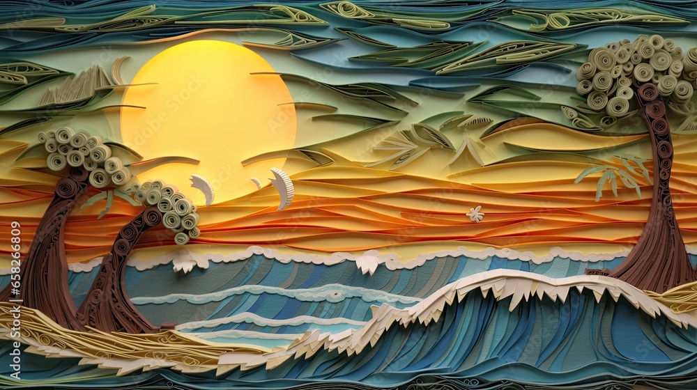Paper Quilling Beach At Sunset, Generative AI Illustration