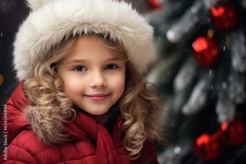 Portrait of a cute little girl in winter clothes over Christmas background. Portrait of a cute little girl in winter clothes over Christmas background.
