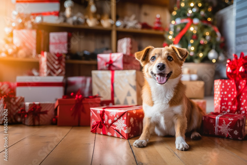 Cute and adorable young baby dog, puppy with christmas gifts © Olivier