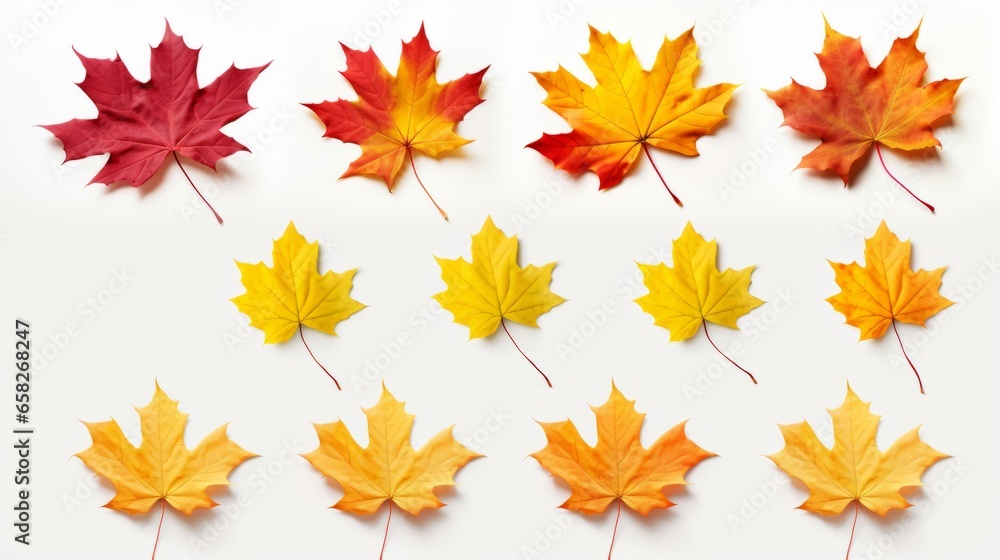 An autumn leaf set in yellow, orange, red, burgundy, green colors on a white background for creativity An autumn leaf set in yellow, orange, red, burgundy, green colors on a white background for creativity