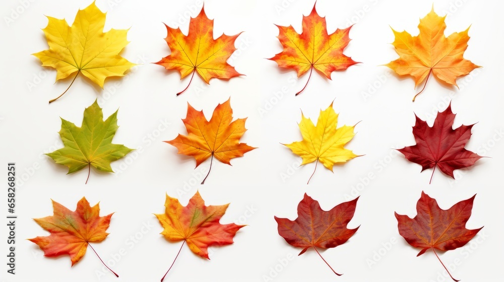 An autumn leaf set in yellow, orange, red, burgundy, green colors on a white background for creativity An autumn leaf set in yellow, orange, red, burgundy, green colors on a white background for creativity