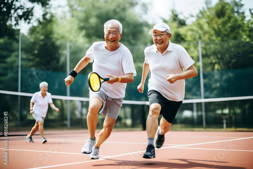 Elderly male friends having an active time on the outdoor tennis court © ribalka yuli