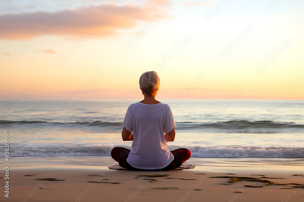 An elderly woman does yoga on the beach. Woman sitting on the sand with her back to the camera