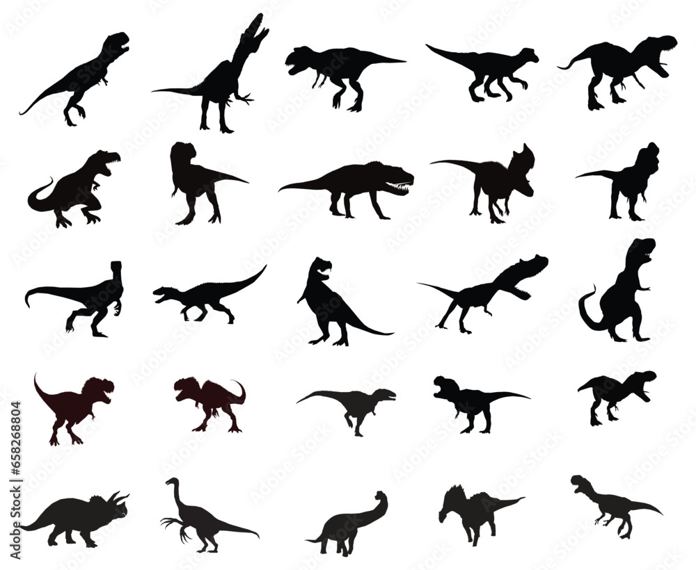 Set of 25 black silhouettes of dinosaurs on a white background Set of 25 black silhouettes of dinosaurs on a white background