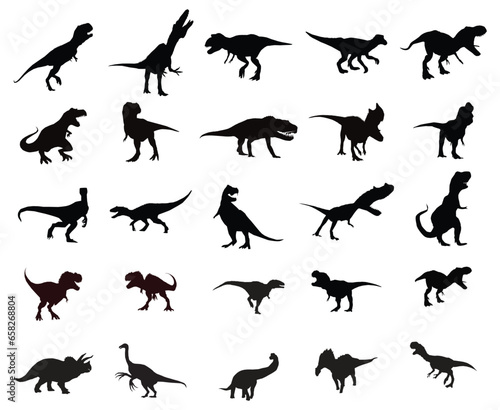 Set of 25 black silhouettes of dinosaurs on a white background