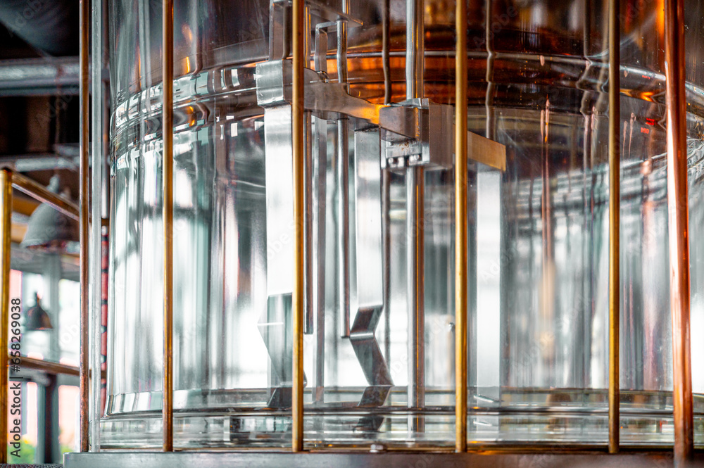 Modern brewery mash tuns. Glass tuns. Copper elements for brewing