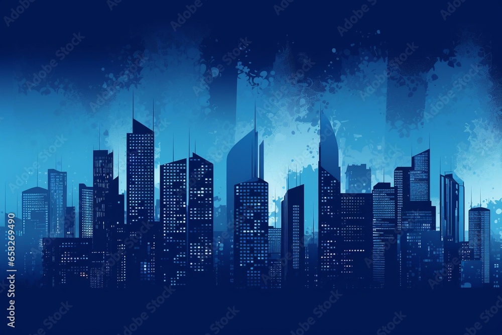 Illustration of city skyscrapers in blue silhouette. Generative AI