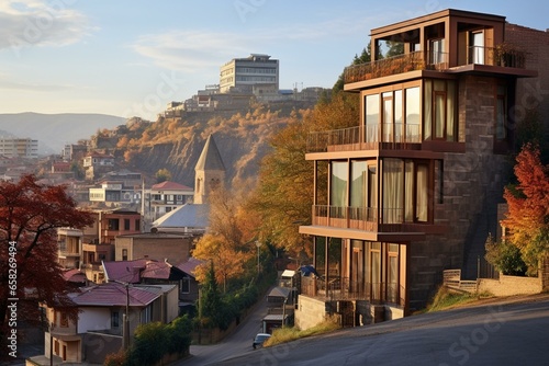 House on Baratashvili Street, Tbilisi. Urban city view and skyline. Generative AI