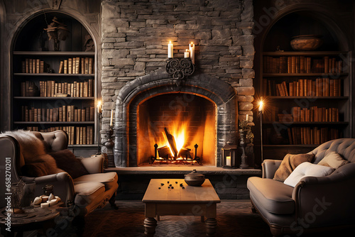 Fireplace room with warm fire surrounded by bookshelves and comfortable armchairs © ribalka yuli