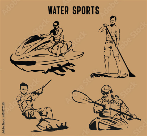 vector people in extreme water sports line art