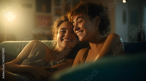 Happy lesbian couple on a couch
