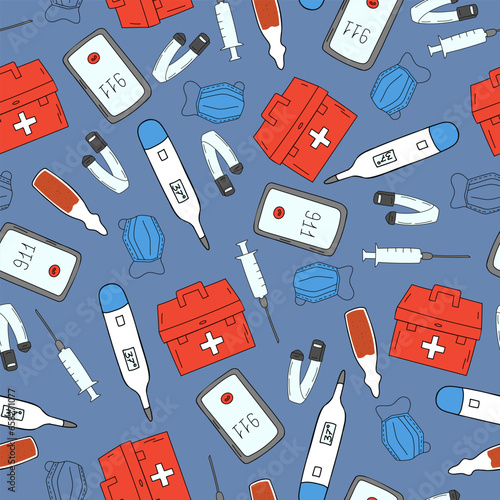 A seamless pattern with medical elements such as a thermometer, a medical suitcase, a telephone, a medical mask, a syringe and a tourniquet on a blue background.