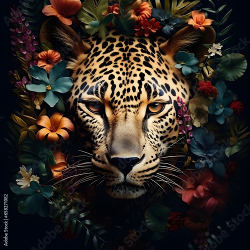 Beautiful looking leopard peeks through colorful flowers. leopard and flowers backgraund