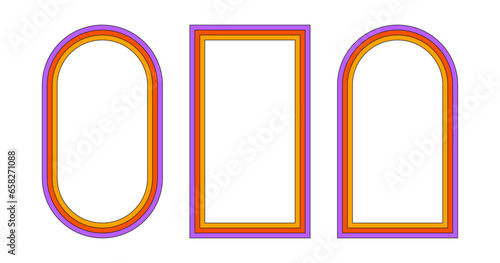 Groovy rainbow frames in 1970s hippie style. Psychedelic retro borders. Text box funky 70s. Good vibes background. Pop vintage groovy rectangle and oval frame. Vector illustration.