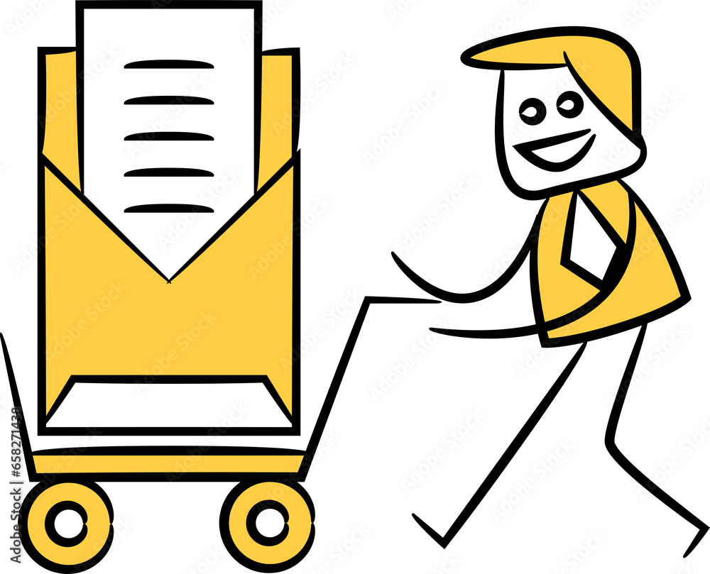 Doodle Businessman Hauling Mail on Trolley
