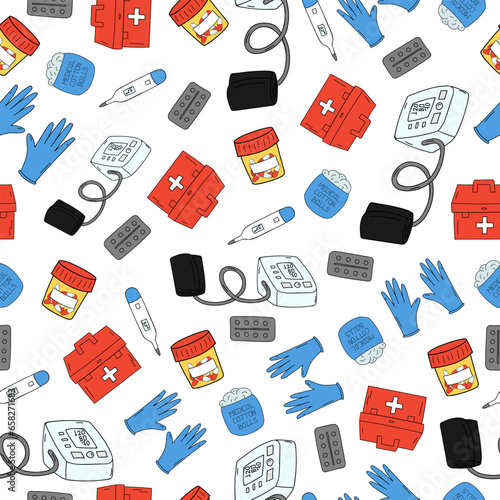 Seamless medical pattern with thermometer, medical gloves, tablets, medical case and tanometer on a white background.