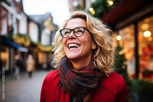 Portrait of happy woman in eyeglasses at christmas market